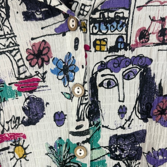 Habitat Multicolor Cotton Blend Artistic Drawing Long Sleeve Oversized XS Blouse - Picture 7 of 12